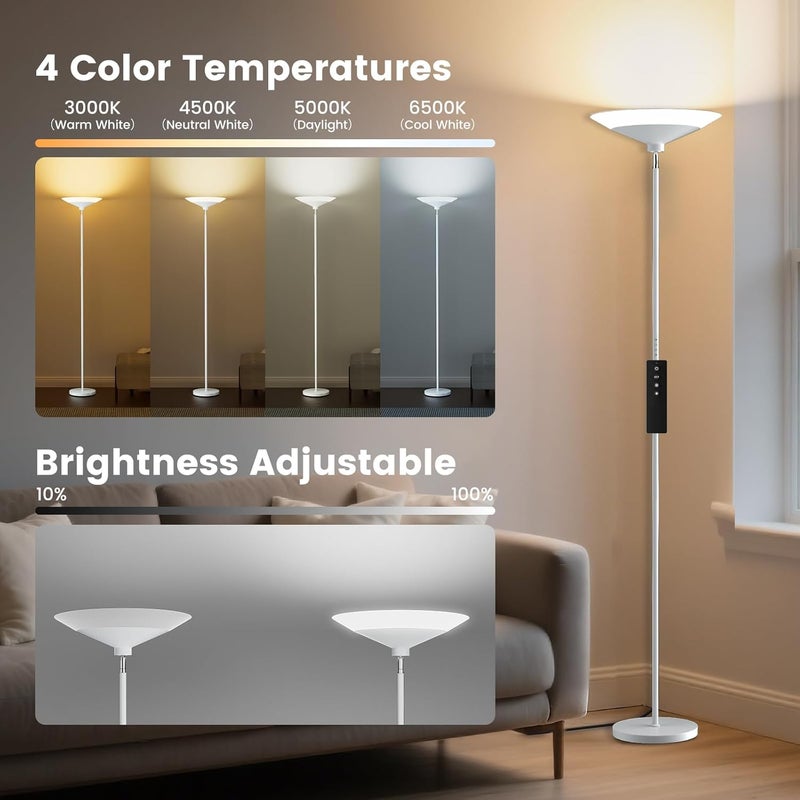 SIBRILLE White Torchiere Floor Lamp - 30W Dimmable LED Standing Lamp with Remote/Button Control, 1800Lm, 3000-6500K, 72in Bright Standing Pole Light for Living Room Bedroom Office Corner - Image 3